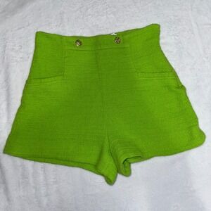ZARA HIGH-WAISTED TWEED SHORTS W/ GOLD BUTTONS NEON GREEN Size M